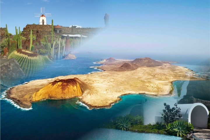 Collage of desert landscape, cacti, volcanic island, and stone structures.