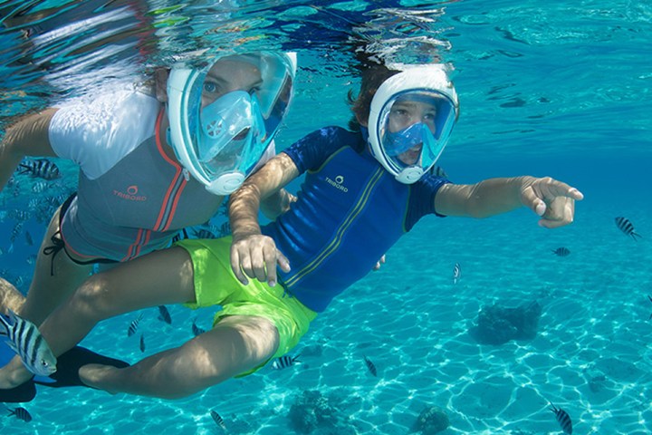 Two snorkelers underwater with fish in clear blue water.