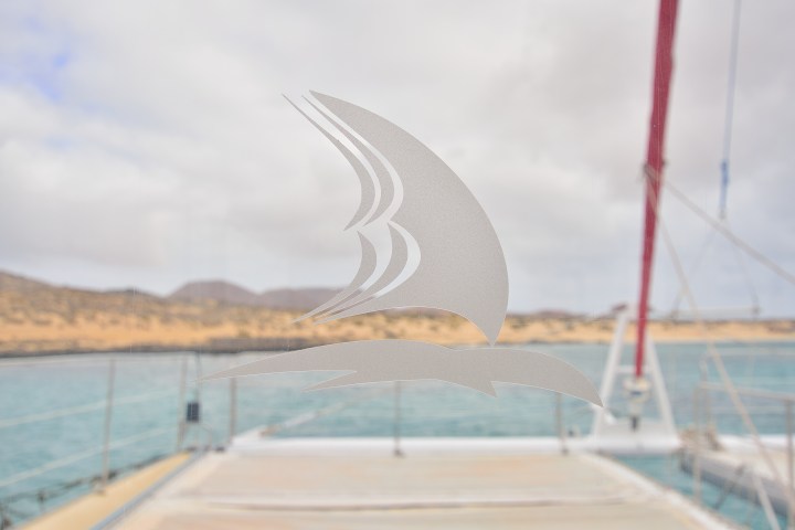Etched sailboat logo on a window with scenic ocean view and cloudy sky.