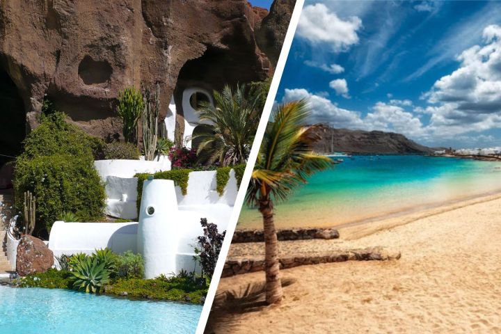 Split image: cave house with pool and tropical beach with palm tree and blue sky.