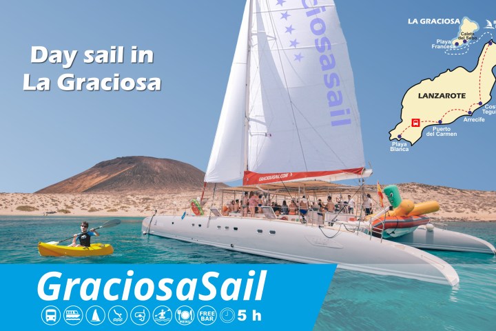 Catamaran sailing near La Graciosa with a yellow kayak in the foreground and map inset of Lanzarote.